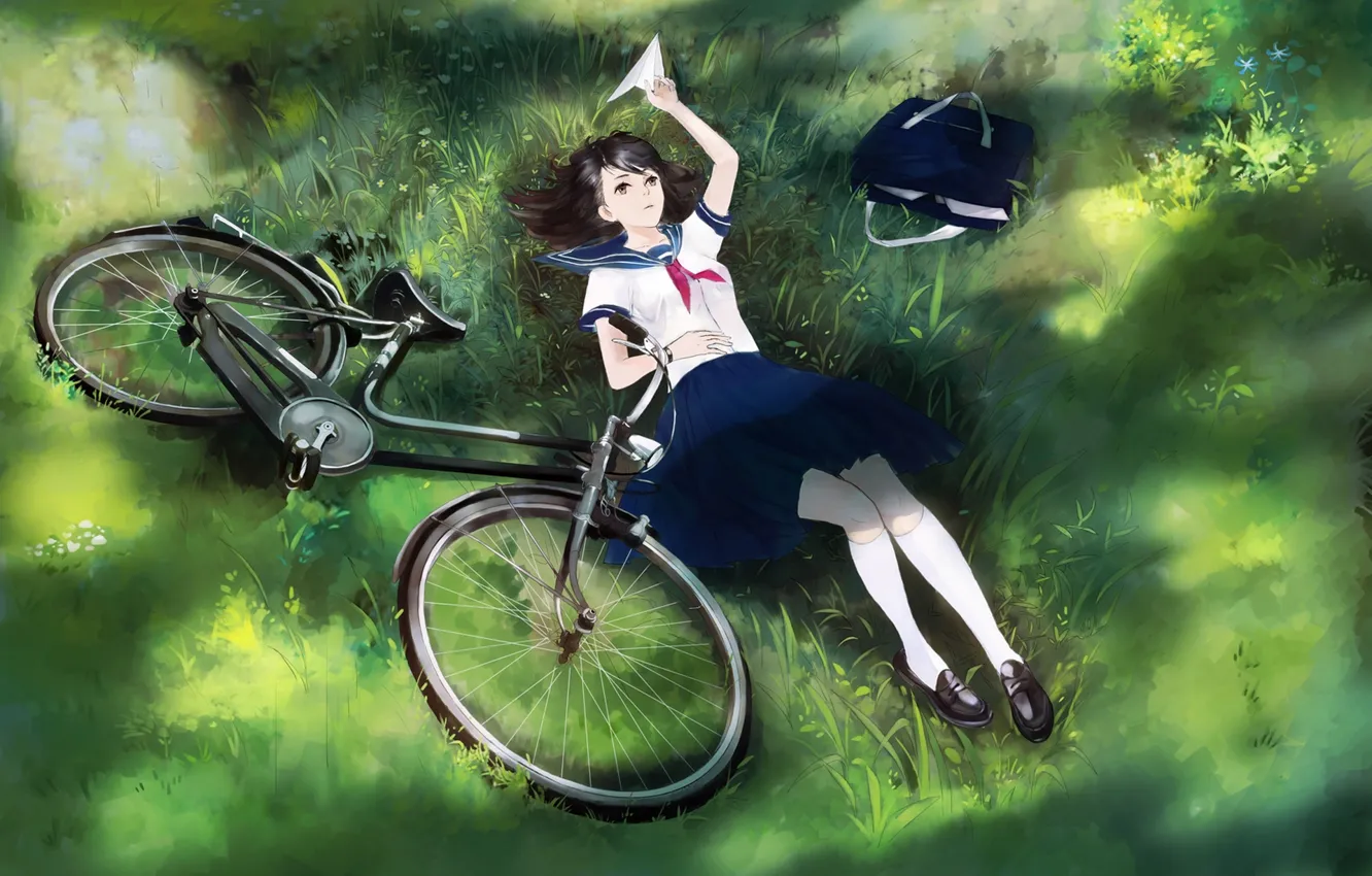 Фото обои девушка, велосипед, аниме, арт, форма, школьница, сумка, самолетик, yong kit lam