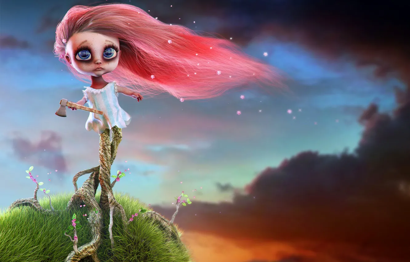 Фото обои небо, трава, корни, волосы, графика, атмосфера, арт, Девочка, красные, топор, персонаж