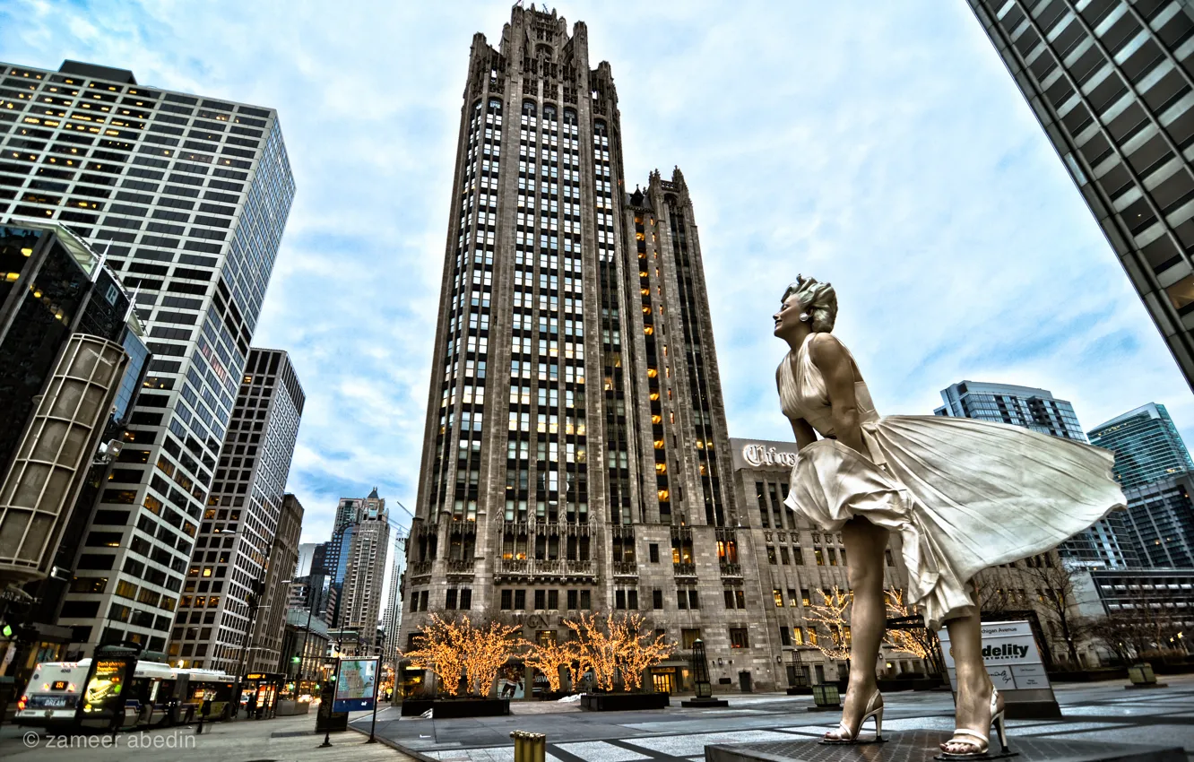 Фото обои небоскребы, чикаго, мерлин монро, chicago, Marilyn Monroe, иллинойс