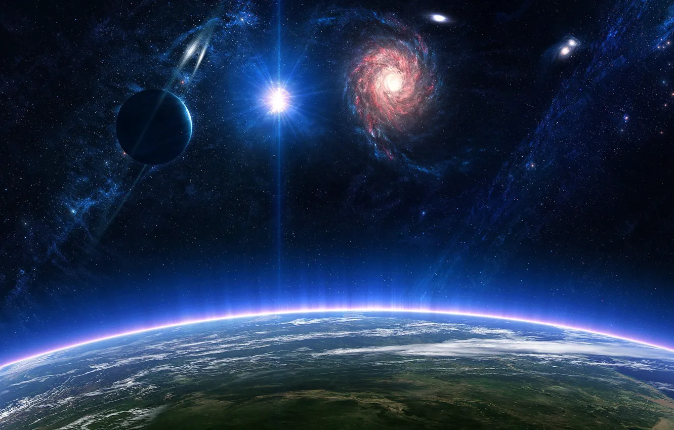 Фото обои космос, поверхность, звезда, планета, кольца, атмосфера, галактика
