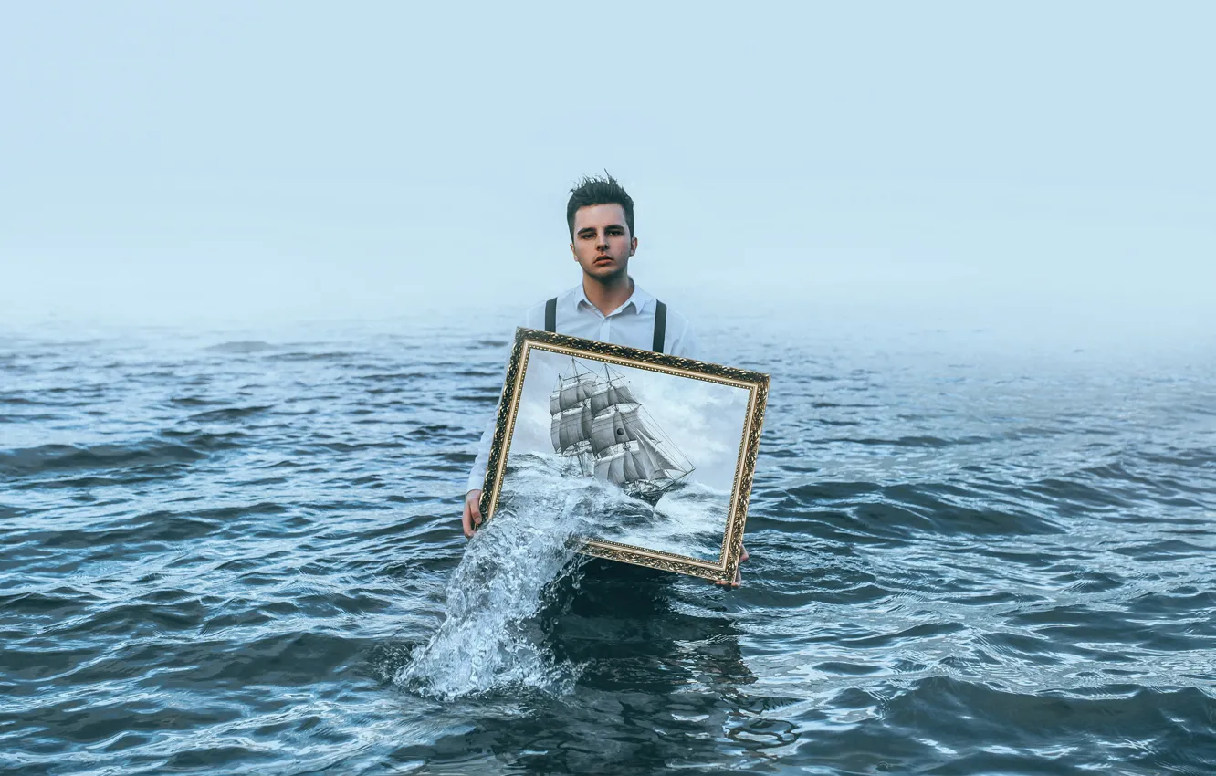 Фото обои море, человек, корабль, картина