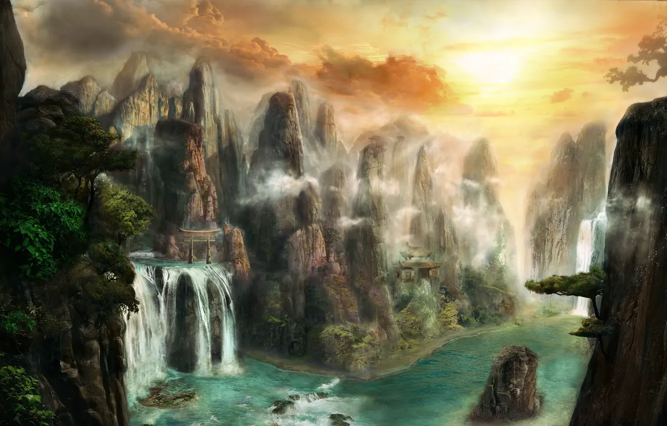 Фото обои вода, деревья, пейзаж, горы, река, камни, скалы, водопад, арт, храм, фантастический мир, врата, Max Antonov
