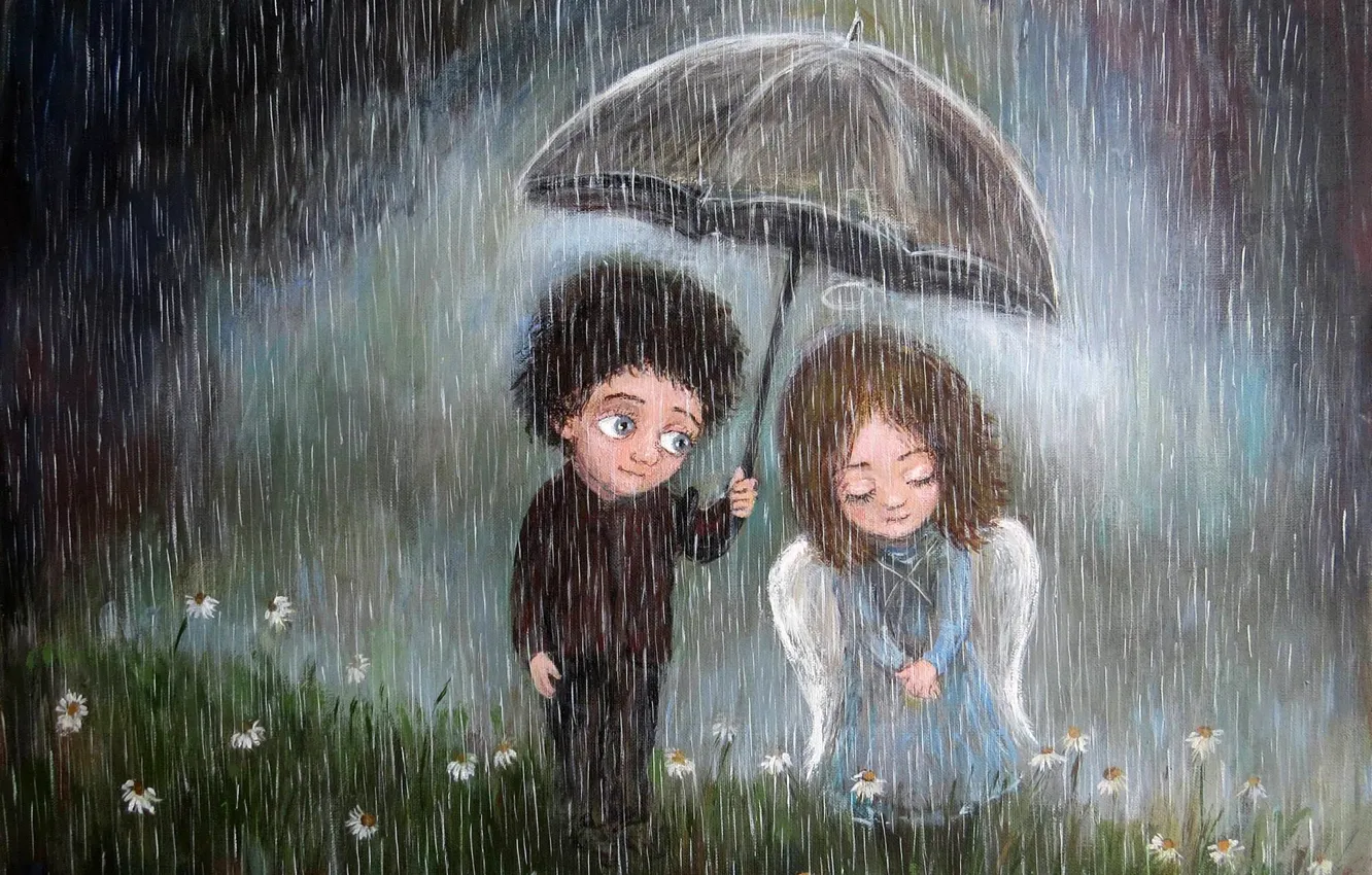 Фото обои зонтик, дождь, настроение, мальчик, арт, пара, девочка, чувство, Нино Чакветадзе