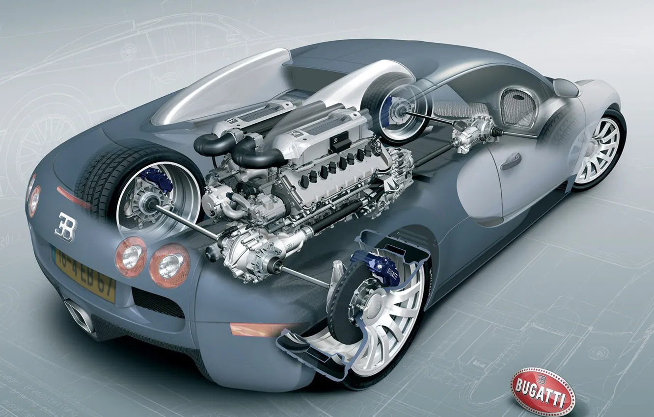 Фото обои двигатель, схема, чертеж, Bugatti, Veyron