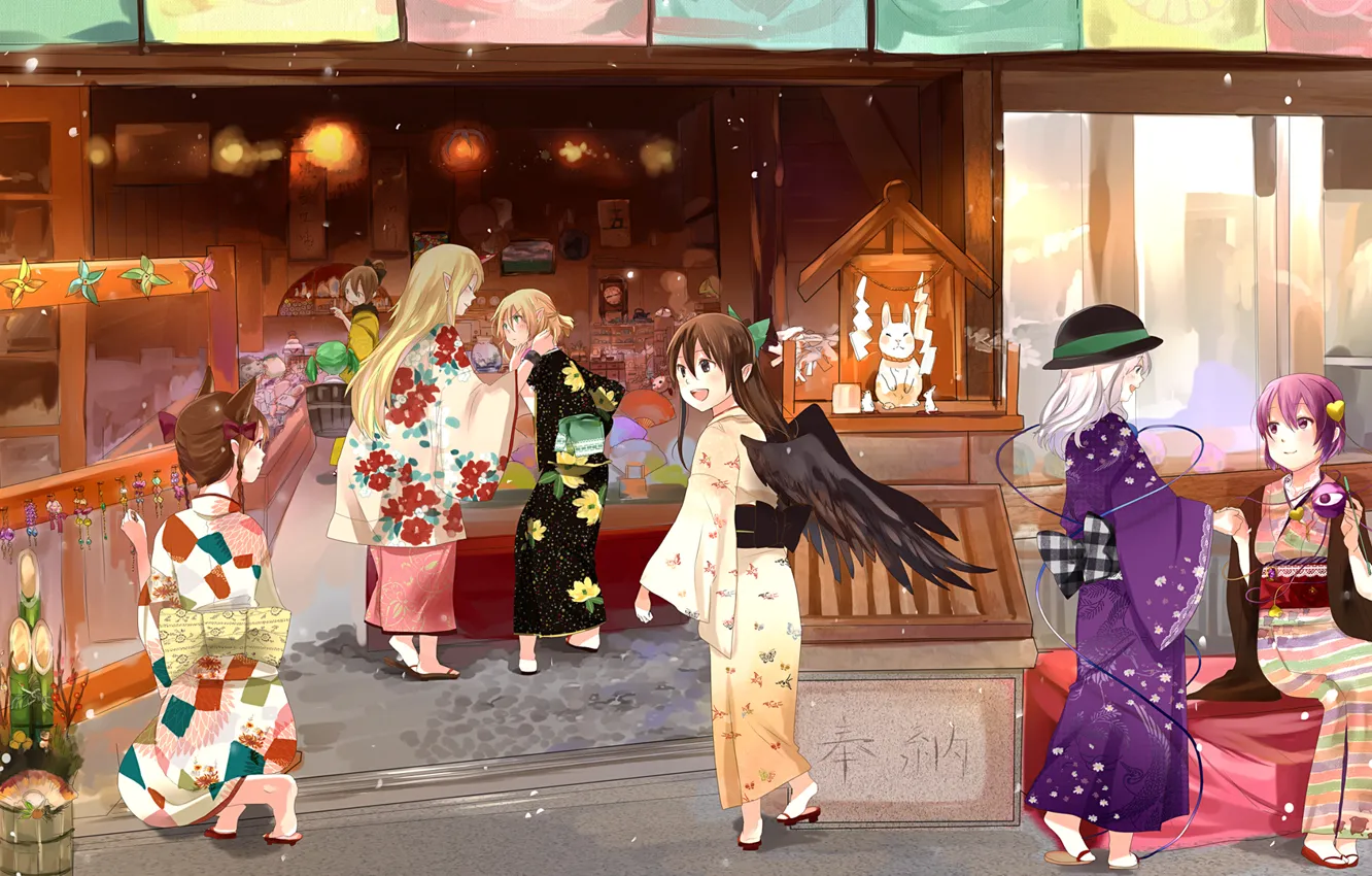 Фото обои аниме, арт, девочка, лавка, кимоно, магазин