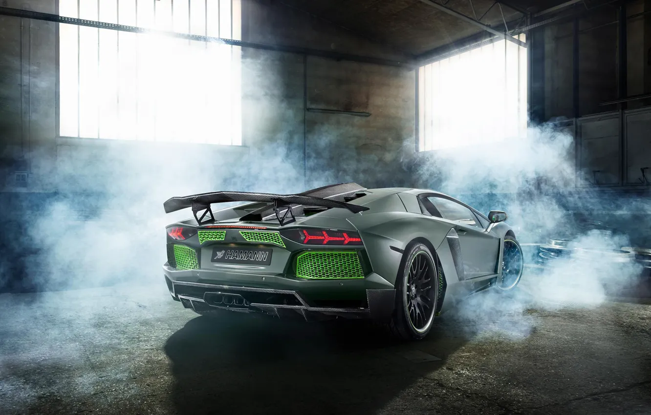 Фото обои Lamborghini, Green, Smoke, LP700-4, Aventador, 2014, Limited, Rear, HAMANN