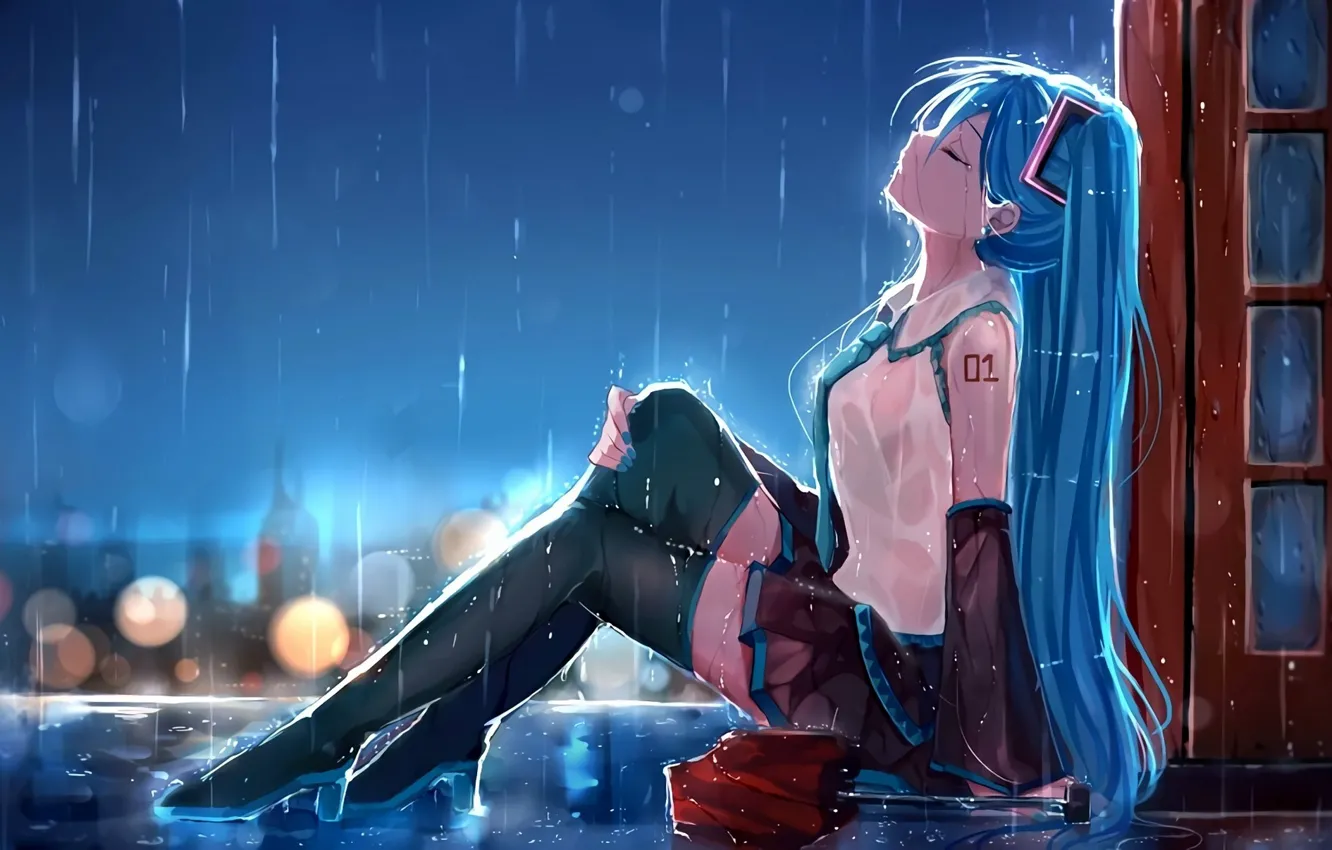 Фото обои девушка, капли, город, огни, дождь, дома, зонт, аниме, арт, форма, vocaloid, hatsune miku