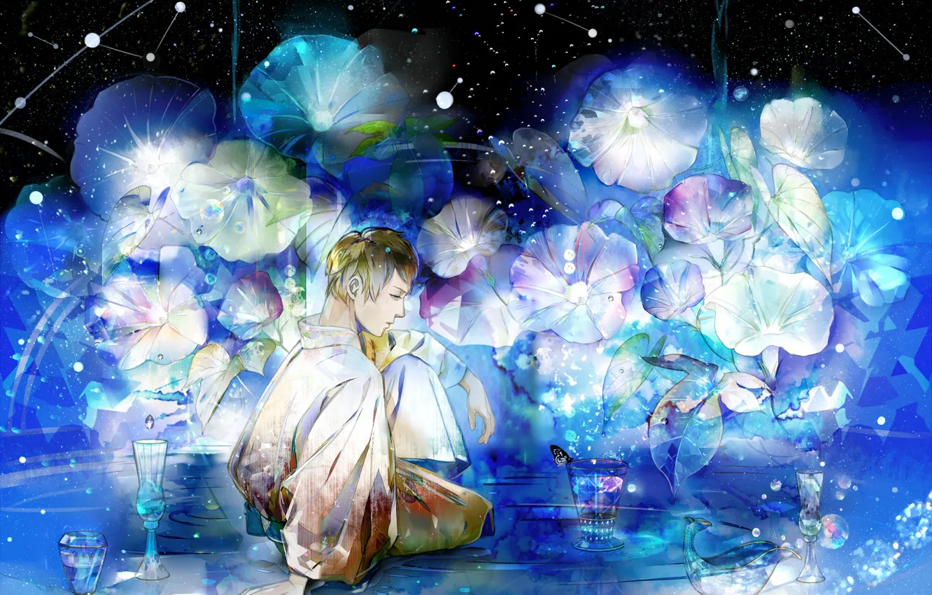 Фото обои звезды, цветы, ночь, аниме, арт, парень, saiga tokihito