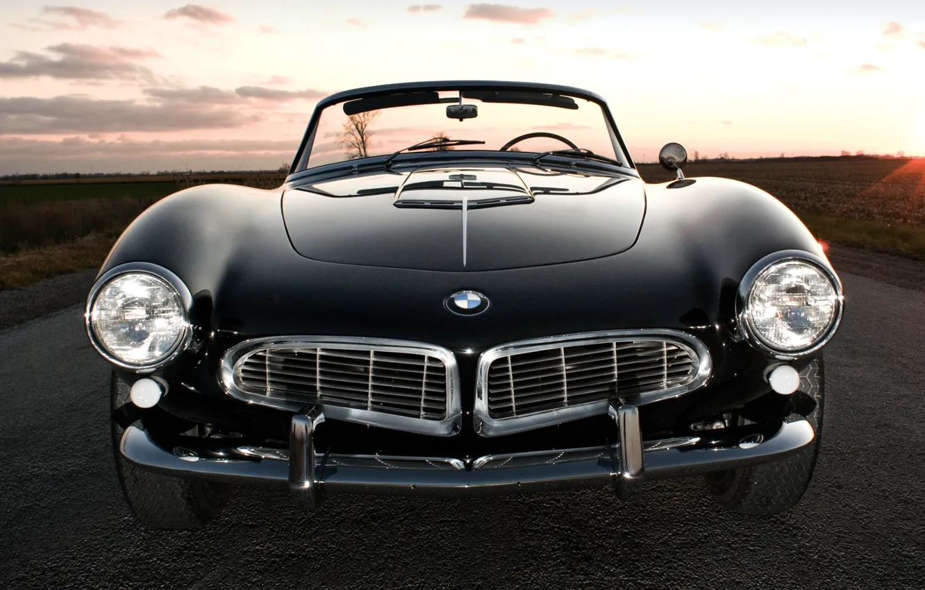 Фото обои дорога, поле, небо, закат, чёрный, бмв, BMW, спорткар, кабриолет, передок, 1957, Series 2, 507, красивая …