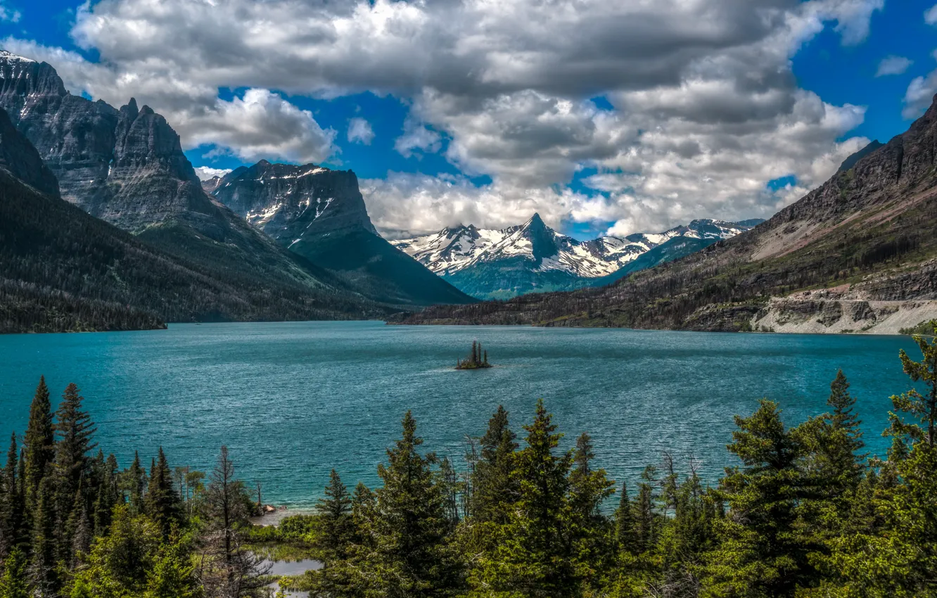 Фото обои облака, горы, озеро, Монтана, островок, Glacier National Park, Saint Mary Lake, Скалистые горы, Montana, Национальный …