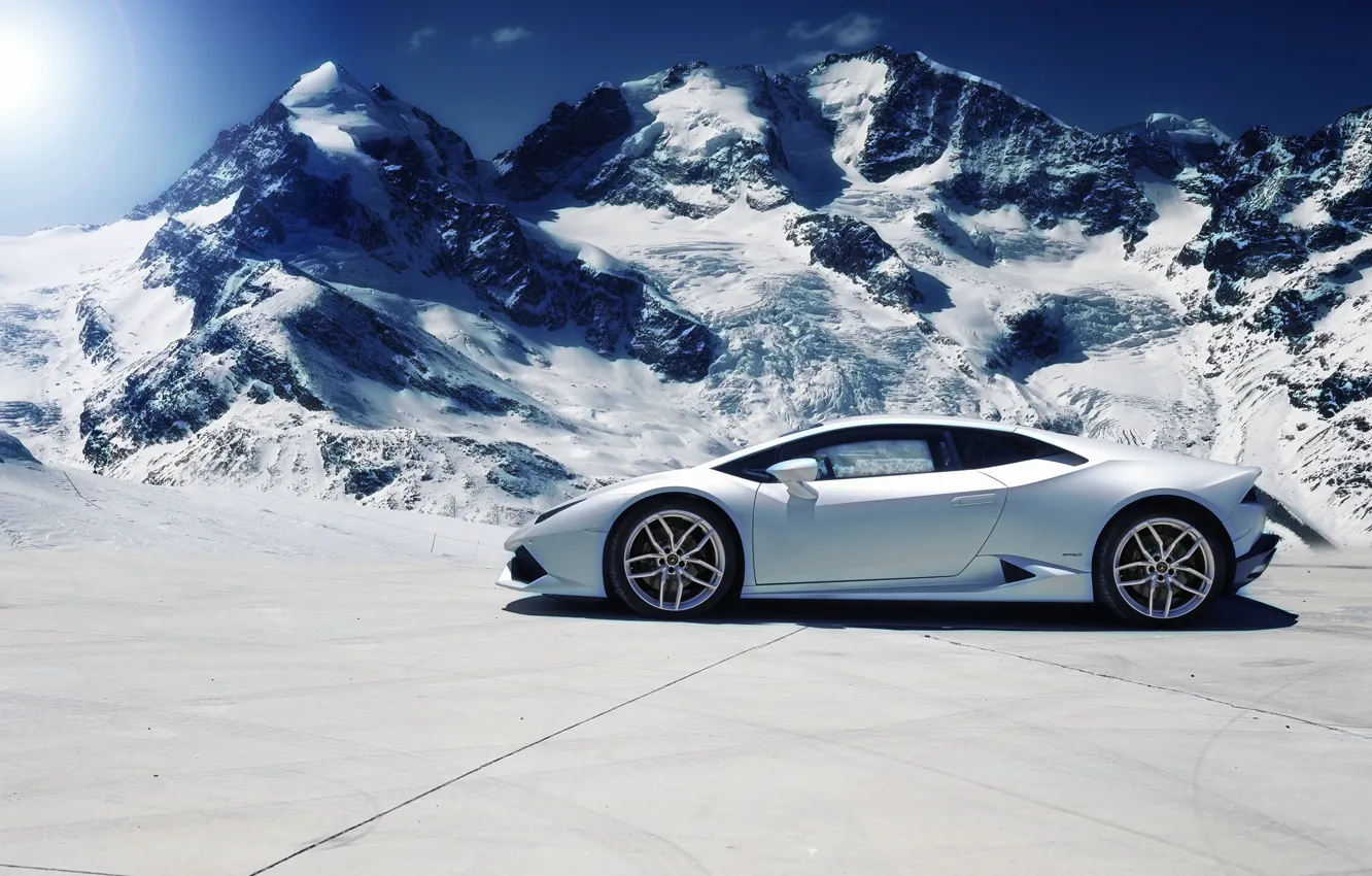 Фото обои Lamborghini, Snow, White, Side, Mountains, Supercar, Huracan, LP610-4