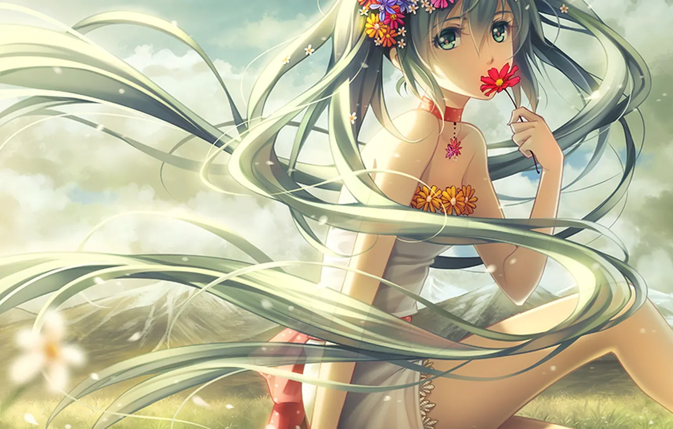 Фото обои девушка, цветы, горы, природа, аниме, арт, vocaloid, hatsune miku, венок, tidsean