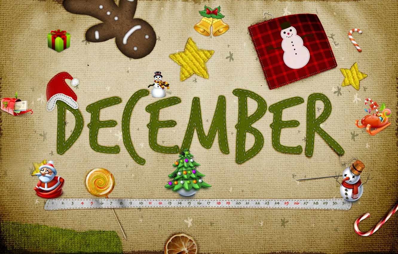 Фото обои снег, подарок, звезда, елка, новый год, снеговик, дед мороз, колокольчик, праздники, декабрь, desember
