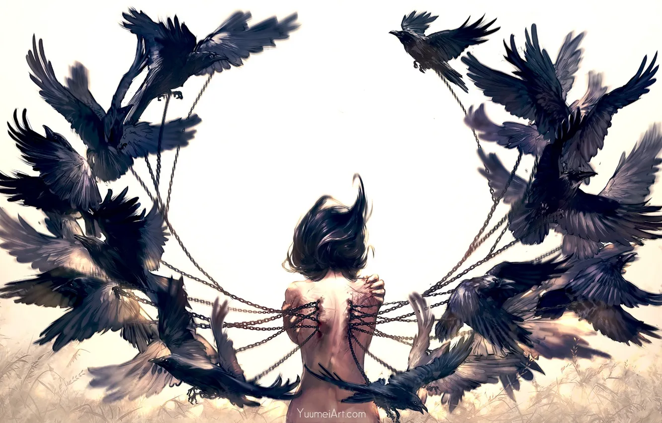 Фото обои девушка, птицы, кровь, спина, крылья, аниме, арт, цепи, ворон, wenqing yan
