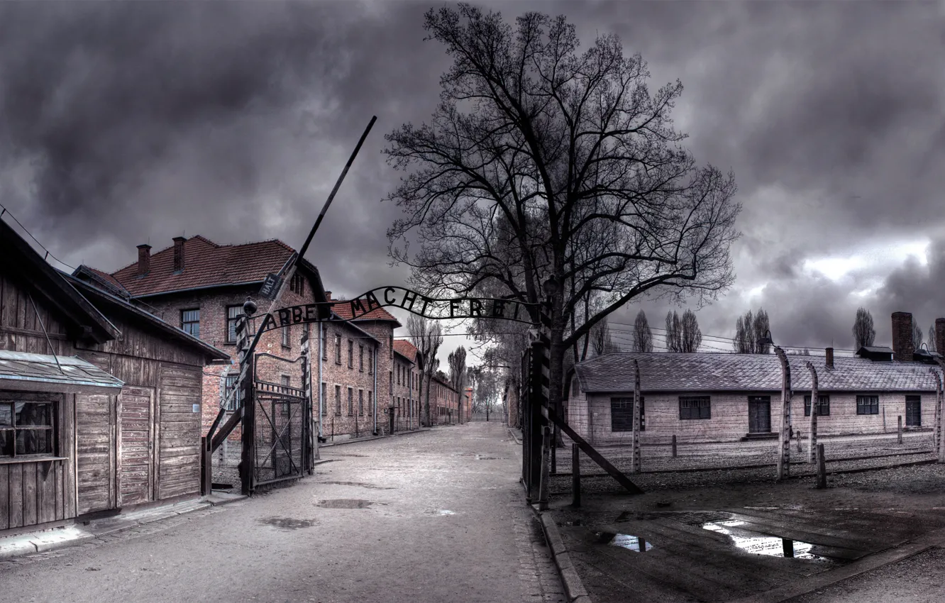 Фото обои нуар, Освенцим, Auschwitz, труд делает свободным