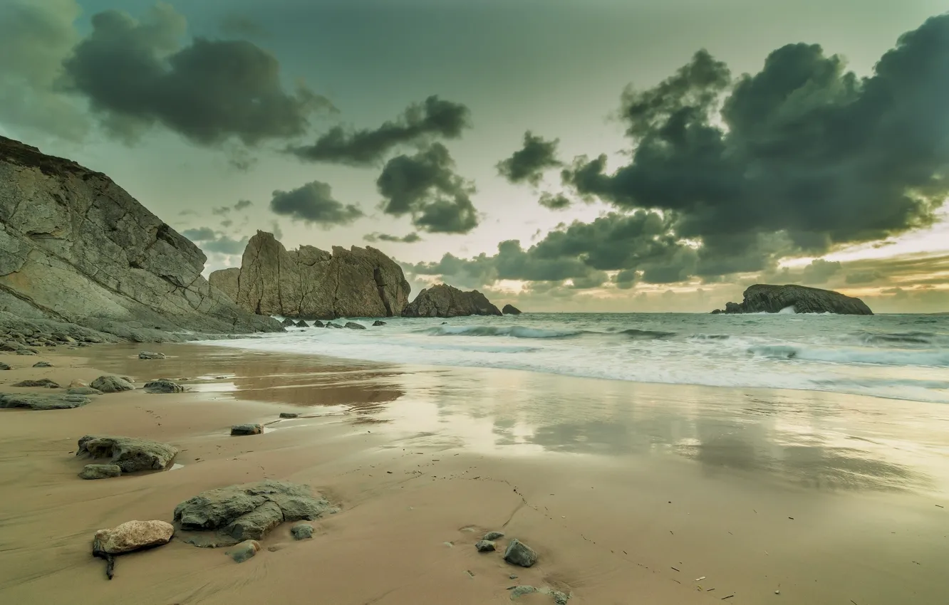 Фото обои море, пляж, небо, вода, облака, пейзаж, природа, океан, скалы