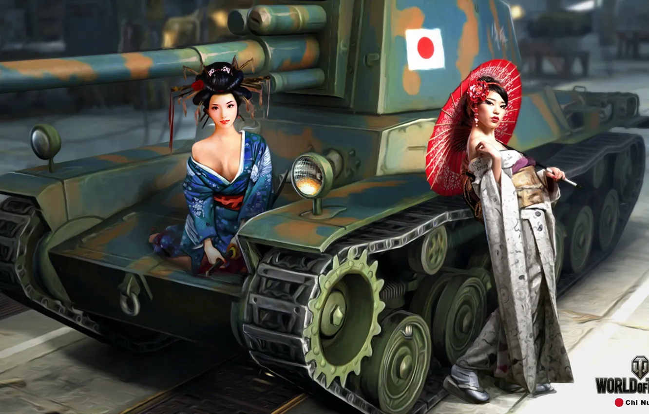 Фото обои зонтик, девушки, рисунок, катана, арт, самурай, танк, азиатки, японский, средний, World of Tanks, Nikita Bolyakov, …