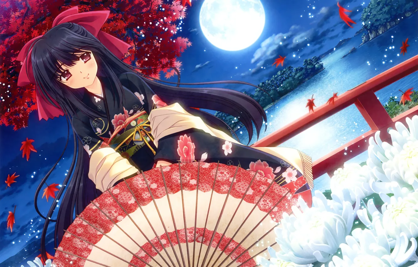 Фото обои листья, девушка, облака, ночь, озеро, луна, зонт, арт, кимоно, бант, клен, хризантемы, nishimata aoi