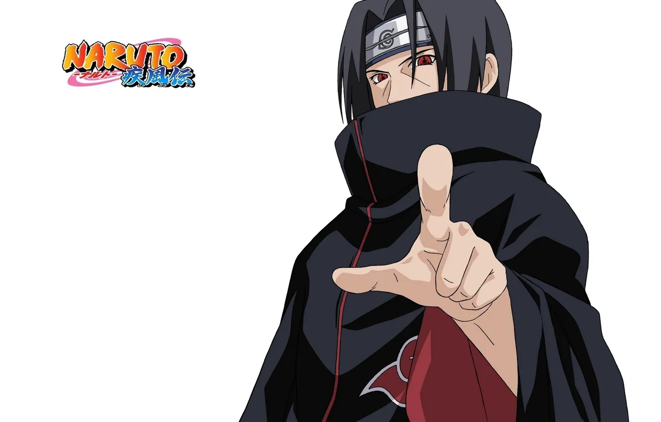 Фото обои палец, воротник, белый фон, повязка, плащ, Naruto, красные глаза, жест, akatsuki, sharingan, ninja, Itachi Uchiha