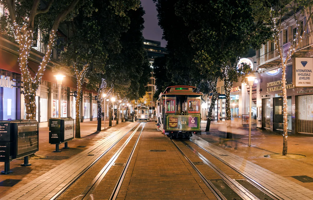 Фото обои дорога, ночь, lights, огни, дерево, Калифорния, Сан-Франциско, железная, трамвай, USA, США, night, Francisco, San, California, …