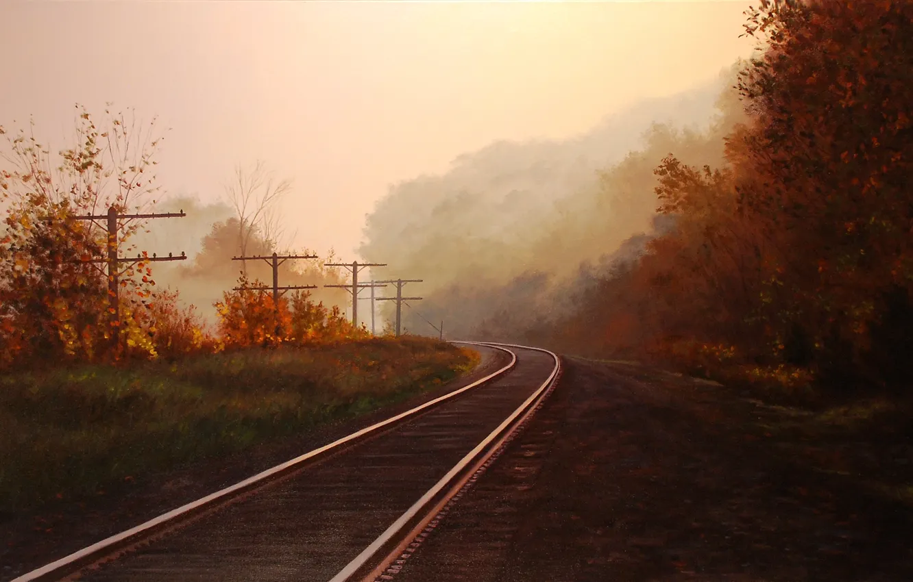 Фото обои осень, лес, деревья, пейзаж, туман, столбы, рельсы, картина, арт, железная дорога, Brian Slawson