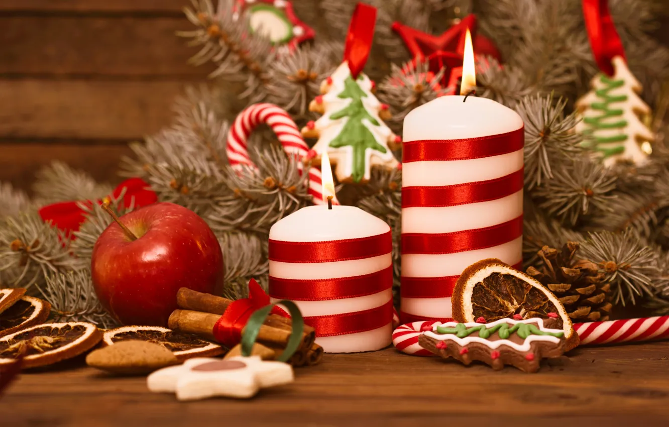 Фото обои снег, украшения, шары, свечи, Новый Год, Рождество, Christmas, Xmas, cookies, decoration, Merry