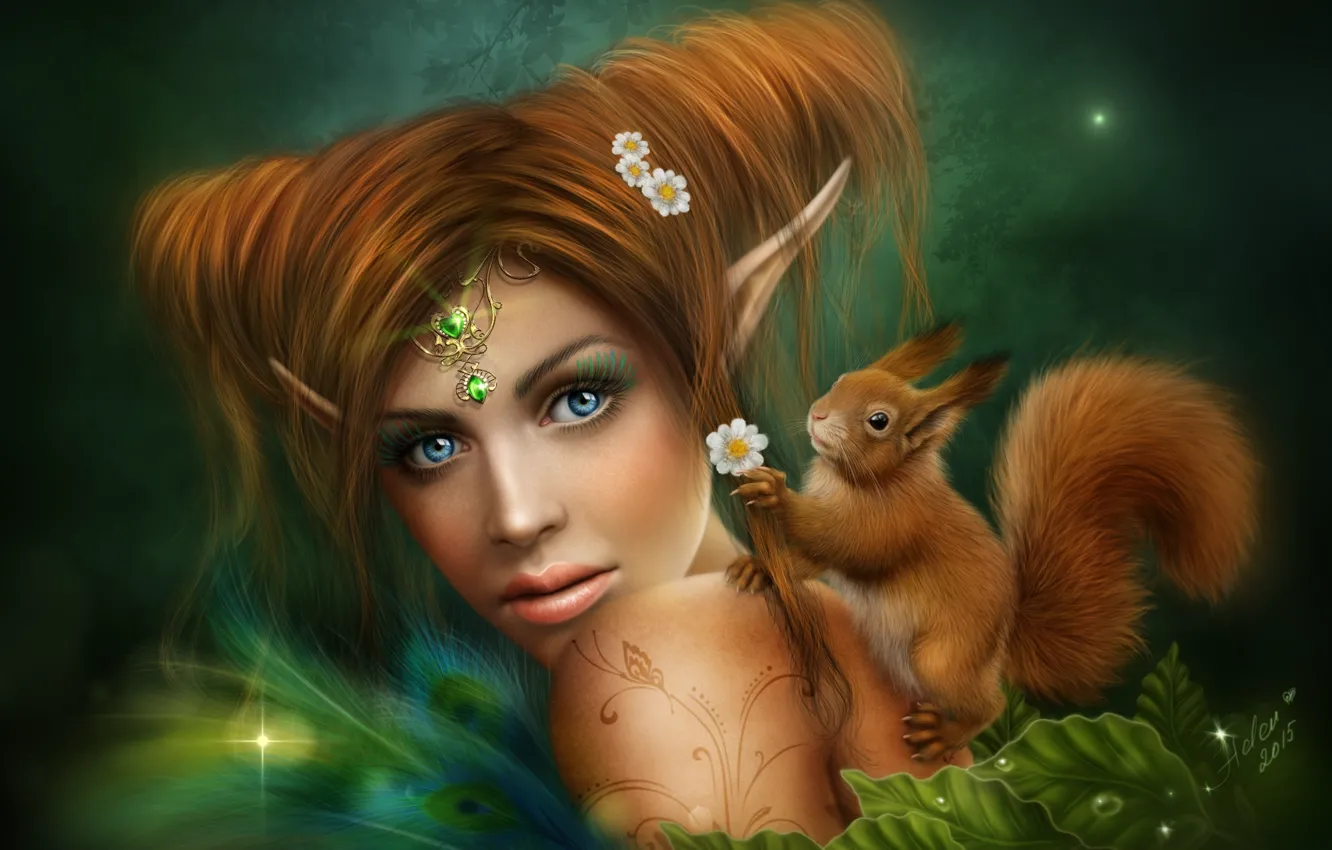 Фото обои девушка, эльф, ромашки, фея, белка, рыжая, украшение, уши