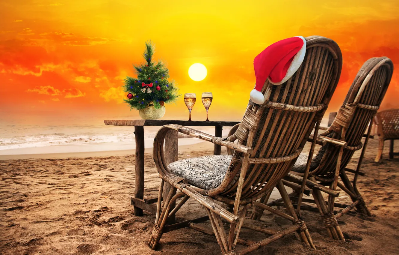 Фото обои песок, море, пляж, закат, Christmas, beach, sea, sand, New Year, Happy, C Новым Годом