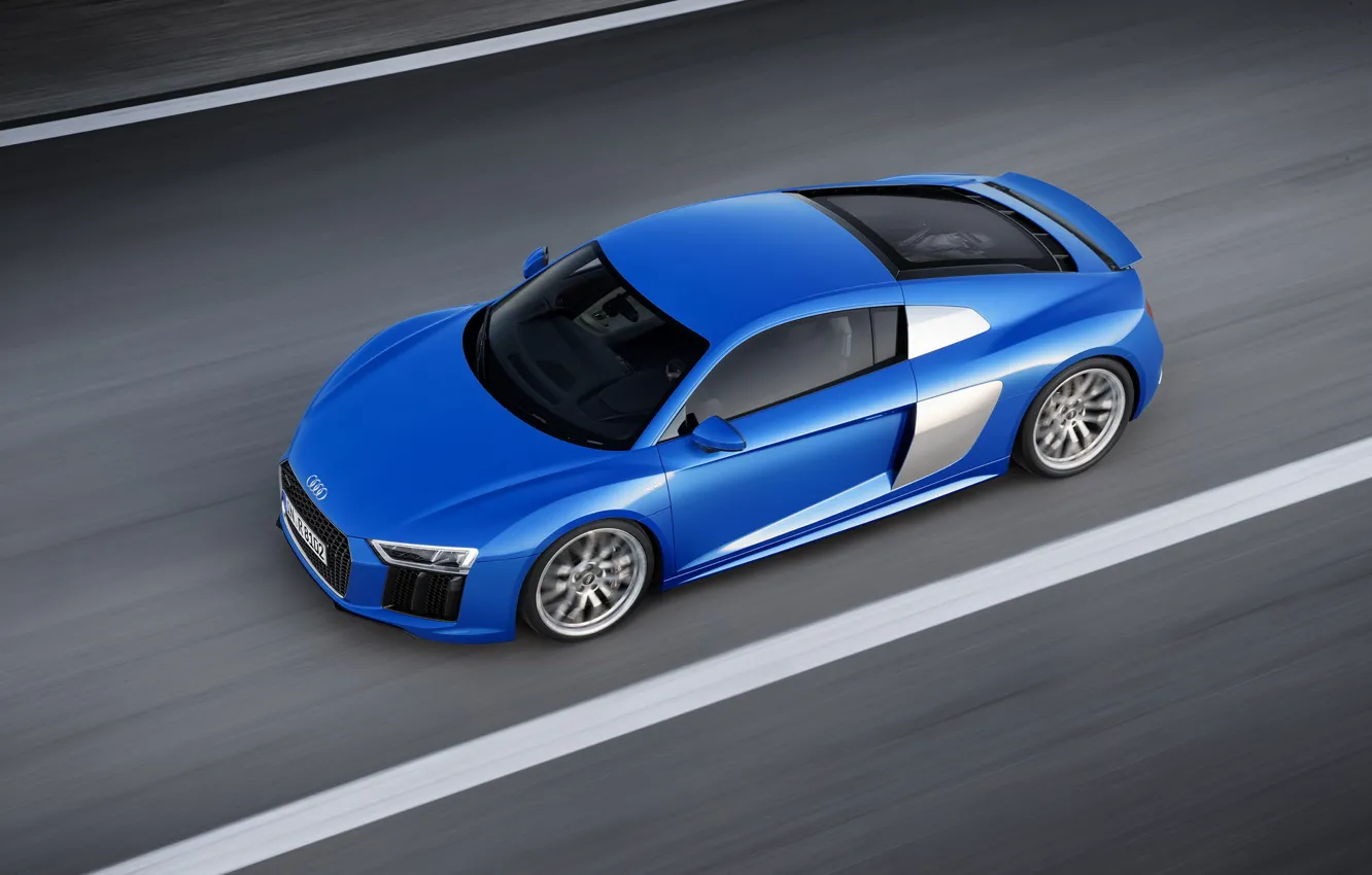 Фото обои дорога, асфальт, Audi, разметка, синяя, V10, вид с верху, 2015