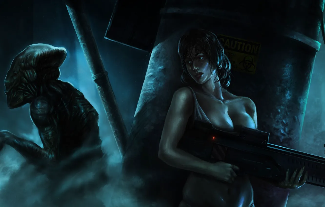 Фото обои девушка, оружие, дым, монстр, арт, автомат, пришелец, прячется