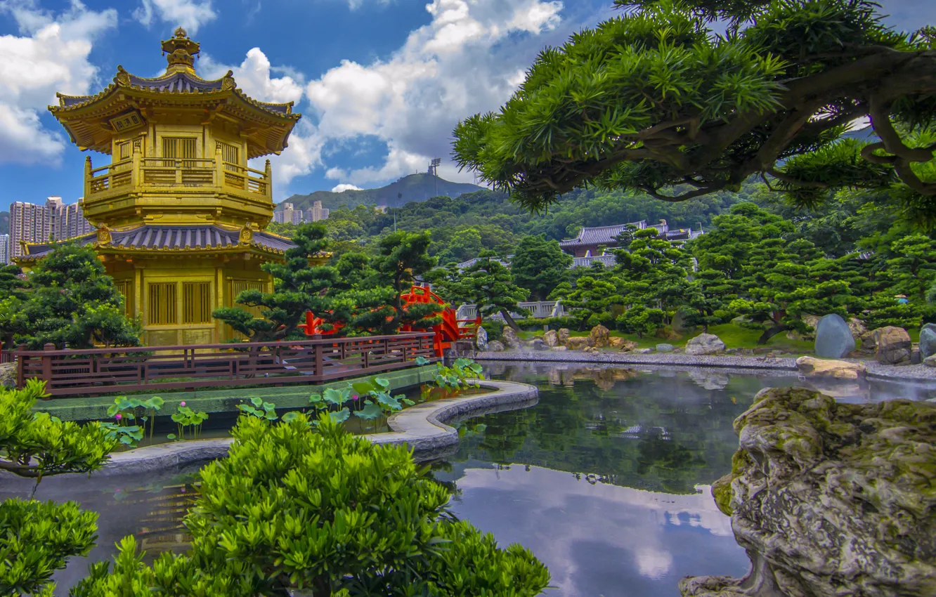 Фото обои пруд, парк, ландшафт, China, Гонконг, Китай, пагода, Hong Kong