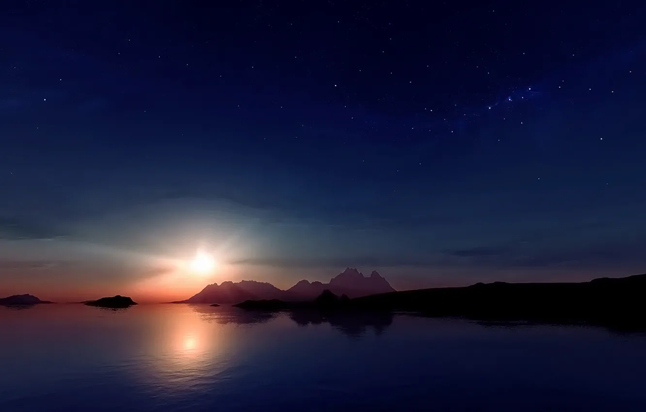 Фото обои звезды, закат, горы, отражение, Солнце, Луна, moon, sunset, mountain, stars, sun, reflection