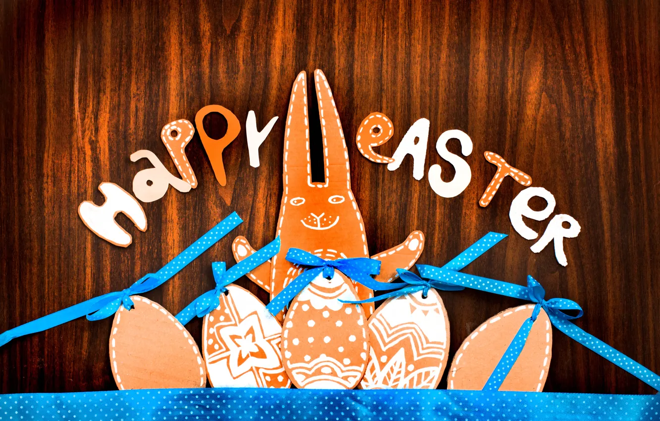Фото обои ленты, дерево, праздник, надпись, заяц, яйца, Пасха, фигурки, Easter