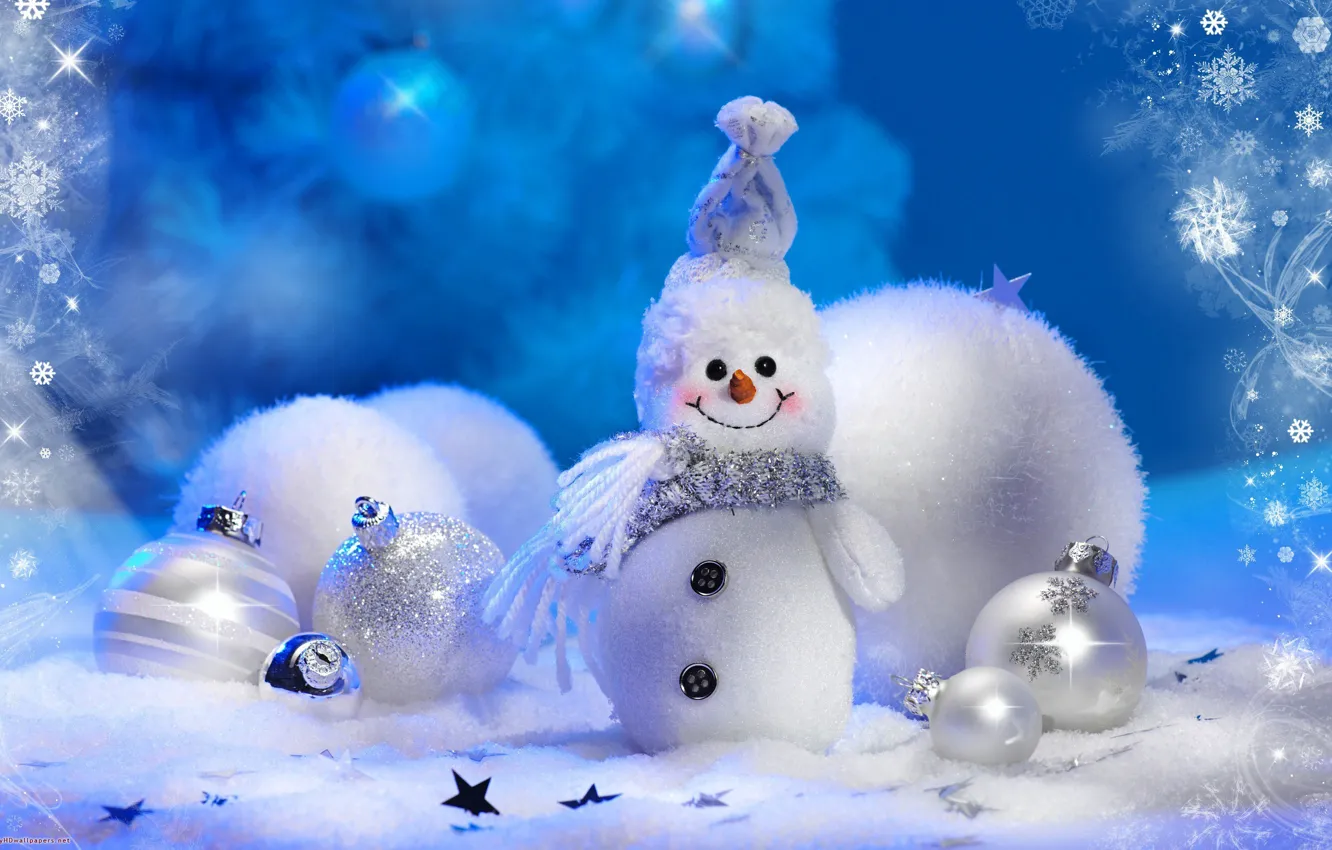 Фото обои зима, шарики, снежинки, праздник, игрушки, елка, новый год, снеговик