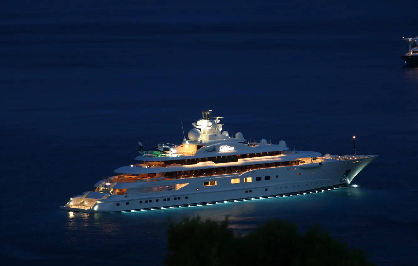 Фото обои ночь, яхта, вертолет, night, helicopter, yacht, море., супер яхта, super yacht, mega yacht, motor yacht, …
