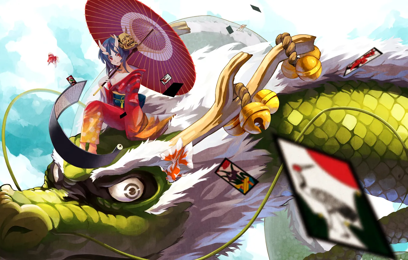 Фото обои карты, усы, облака, полет, дракон, зонт, Зеленый, маска, рога, кимоно, бубенчики, ёкай