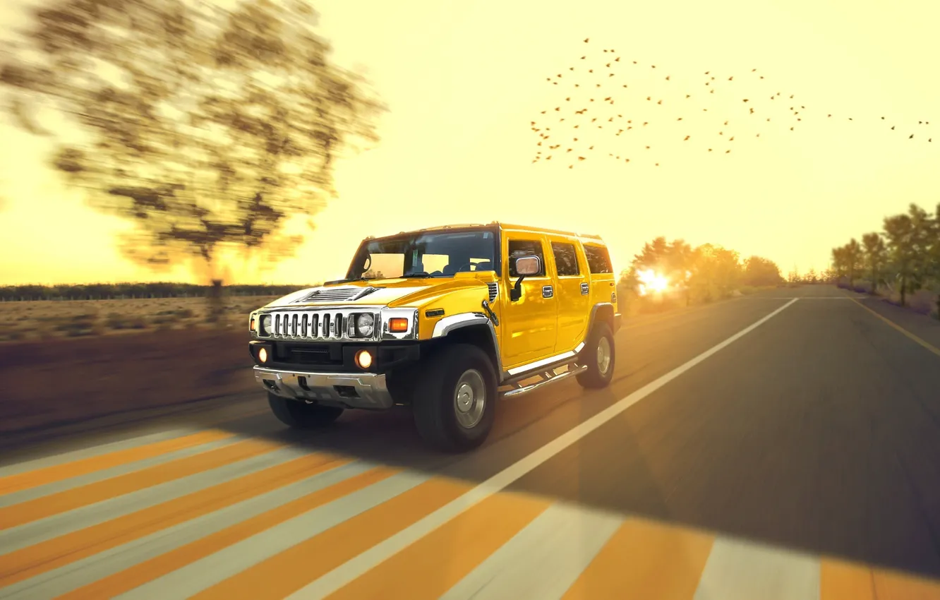 Фото обои Speed, Hummer, Sun, Yellow, Road, Chrome