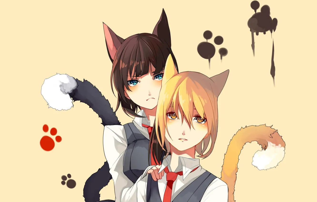 Фото обои кошка, девушка, следы, лапки, аниме, неко, школьная форма, ушки, хвостик