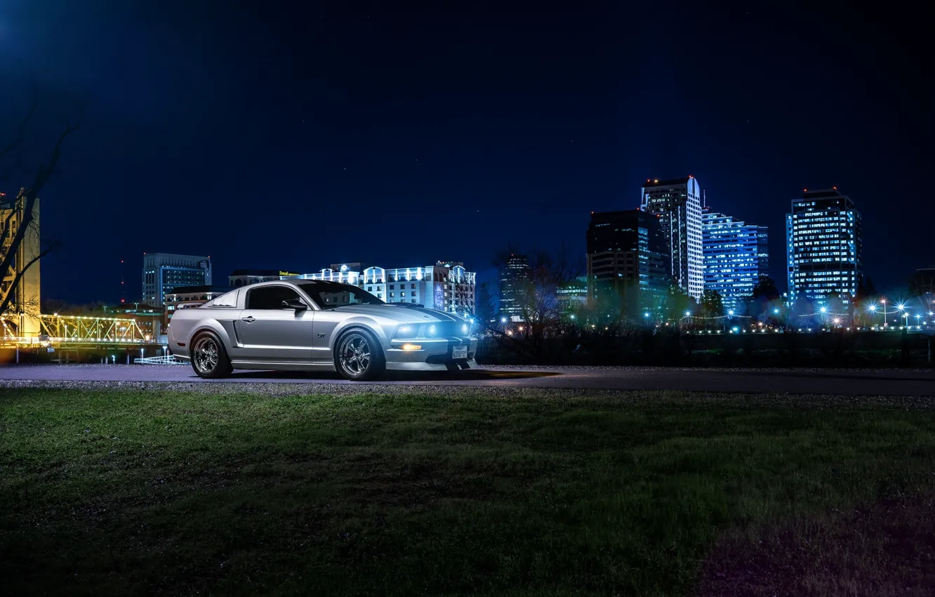Фото обои Mustang, Ford, Dark, Muscle, Car, Front, Downtown, American, Nigth