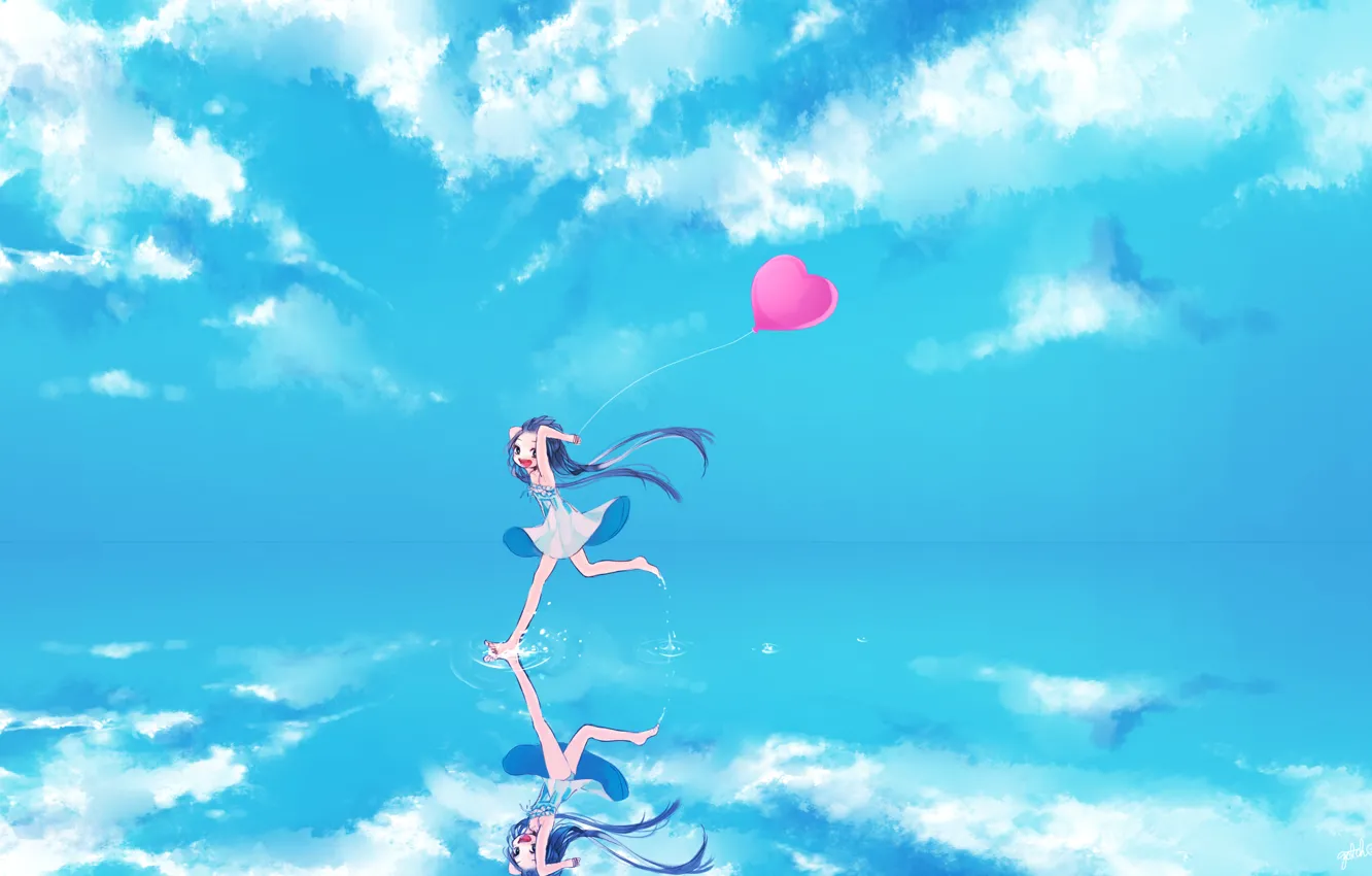 Фото обои небо, вода, девушка, облака, радость, отражение, шарик, арт, vocaloid, hatsune miku, сердечко, вокалоид, gotoh510