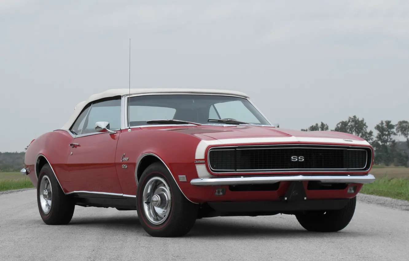 Фото обои красный, red, кабриолет, шевроле, мускул кар, camaro, chevrolet, convertible, muscle car, 1968, chevy, камаро, 396, …