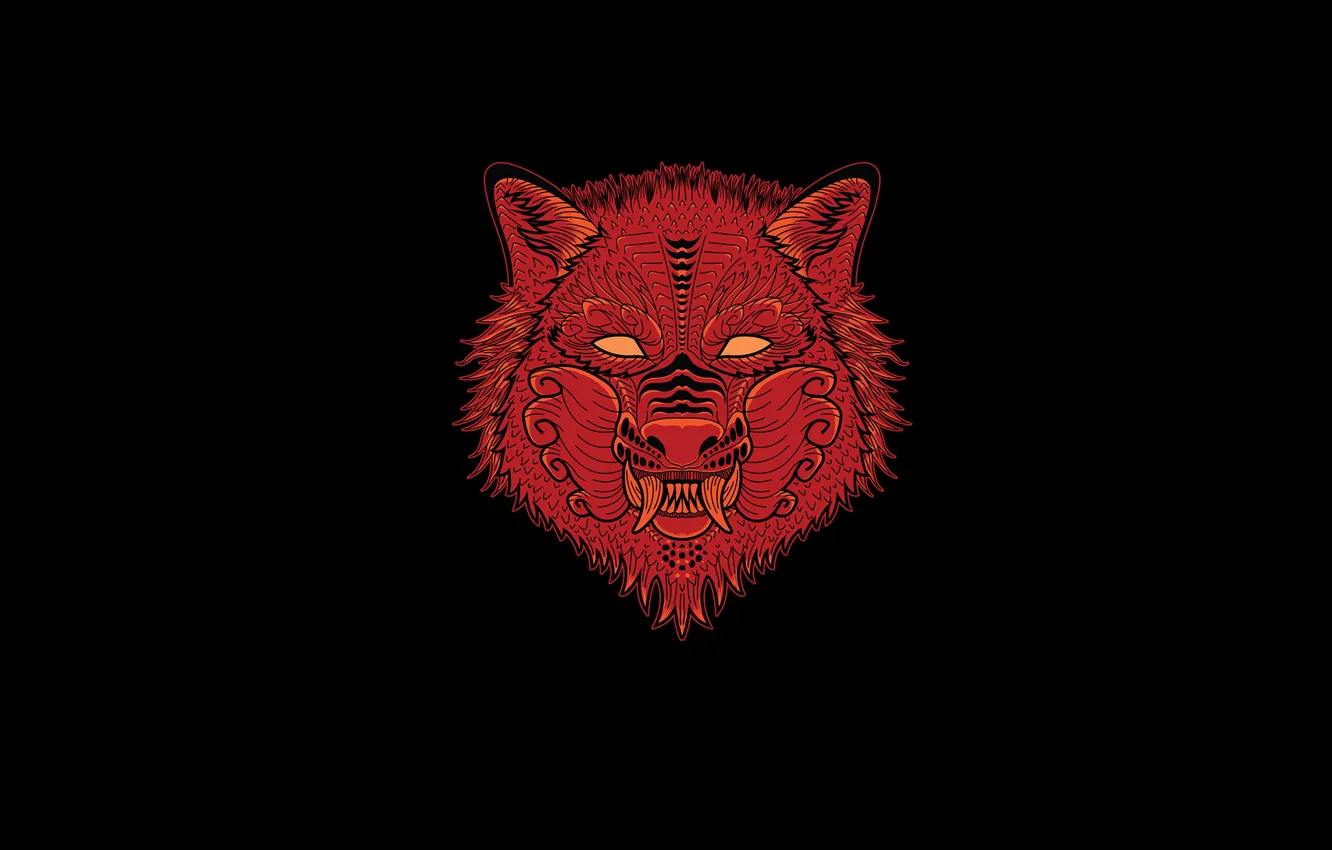 Фото обои морда, красный, волк, минимализм, черный фон, wolf
