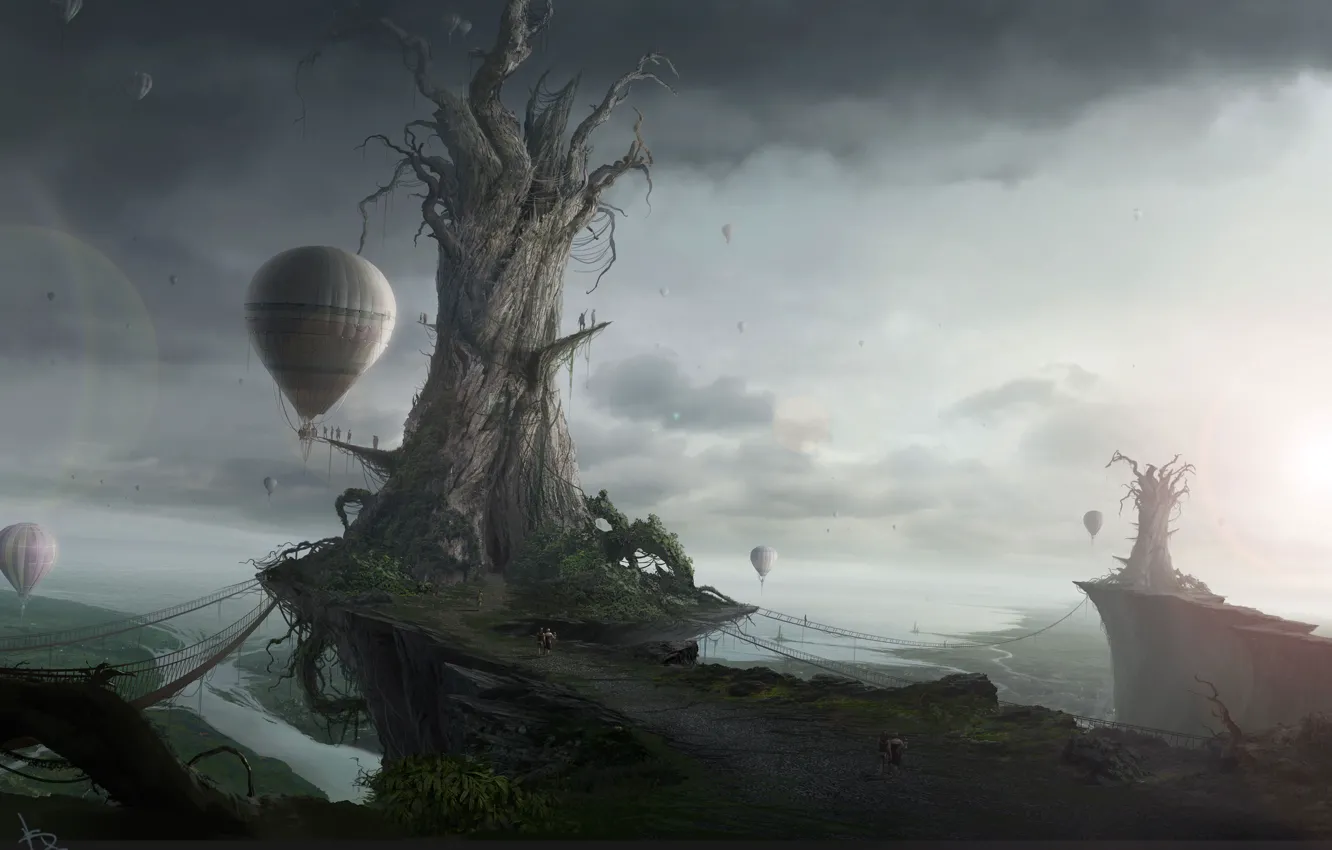 Фото обои грусть, небо, острова, деревья, пейзаж, воздушные шары, фентези, мир, Fantasy, воздухоплавание, эвакуация