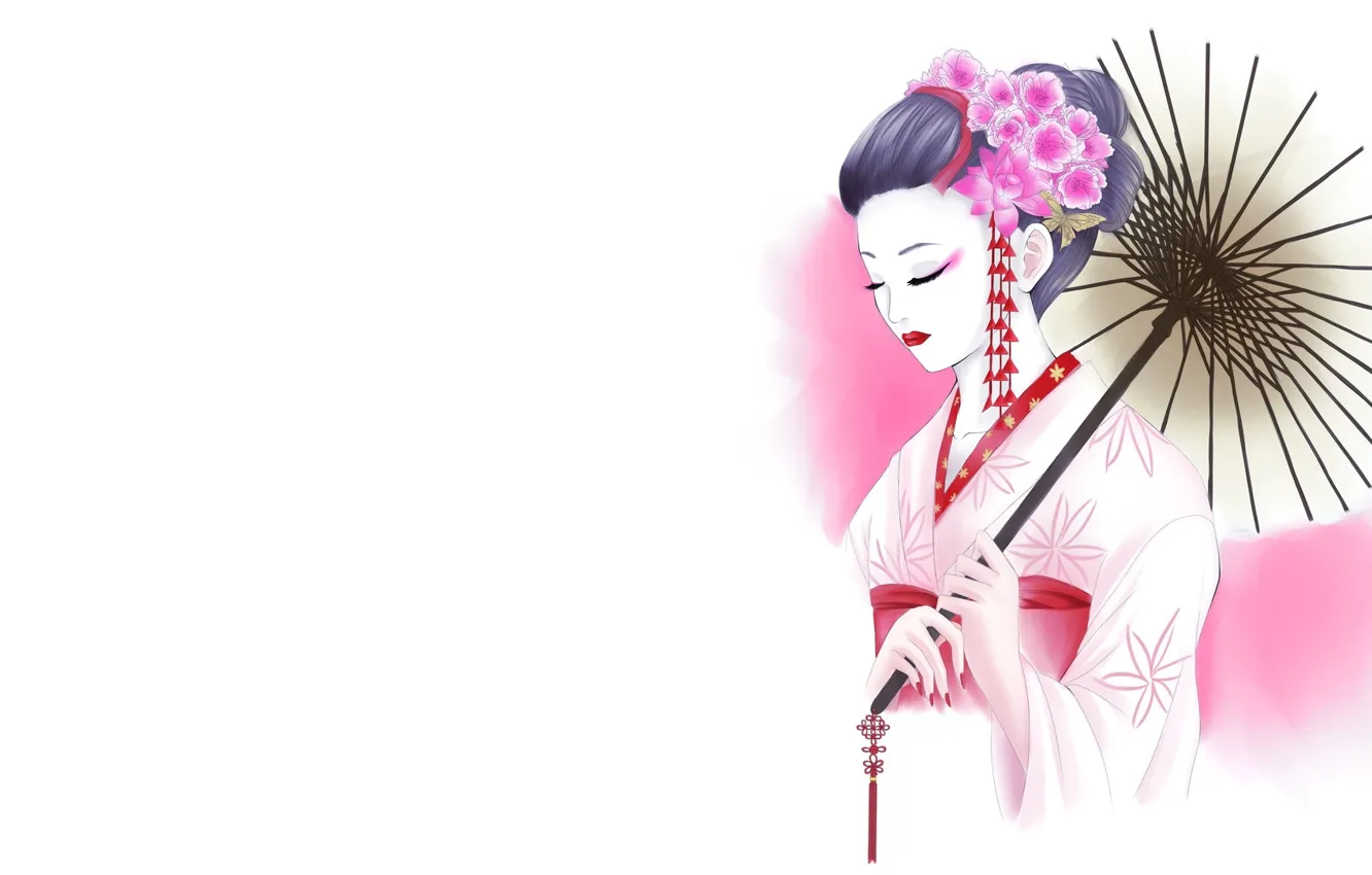 Фото обои девушка, цветы, рисунок, зонт, арт, гейша, белый фон, кимоно