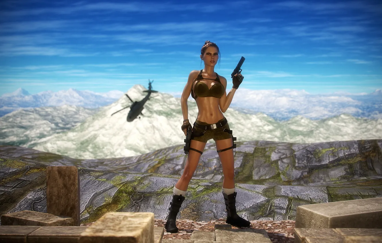 Фото обои грудь, девушка, горы, пистолет, тело, арт, вертолет, lara croft, tomb raider