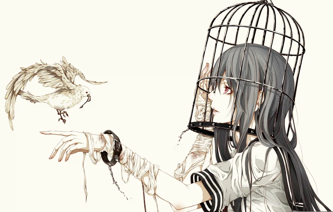 Фото обои девушка, птица, клетка, ключ, белый фон, форма, школьница, бинты