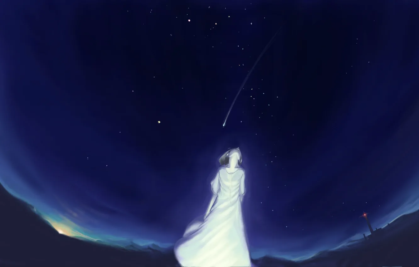 Фото обои небо, девушка, звезды, ночь, маяк, аниме, арт, akio-bako