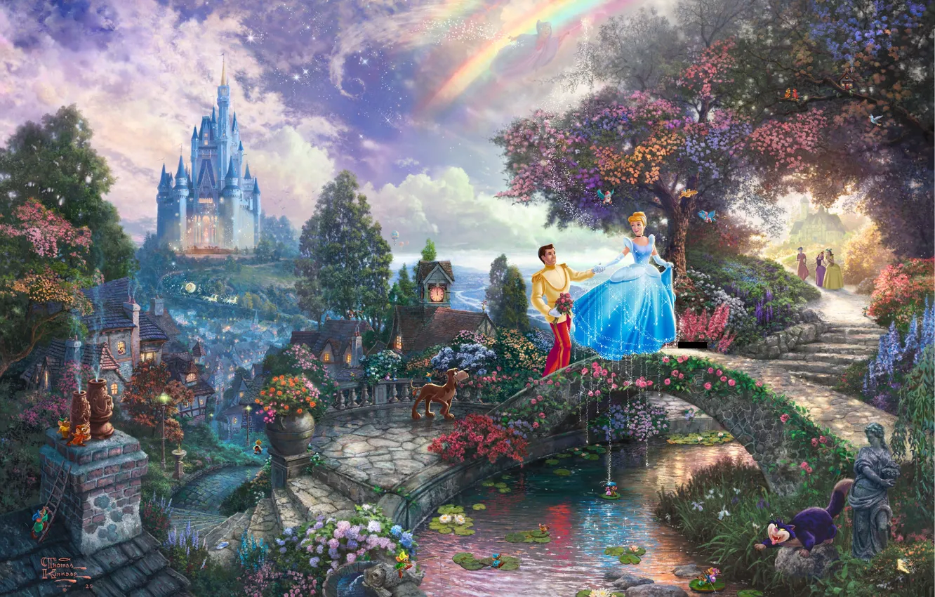 Фото обои замок, сказка, фея, принц, живопись, мостик, bridge, art, Томас Кинкейд, painting, castle, Золушка, Walt Disney, …