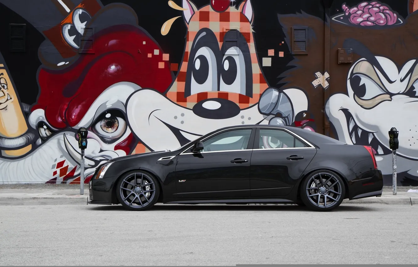 Фото обои чёрный, Cadillac, профиль, графити, black, CTS-V, кадилак
