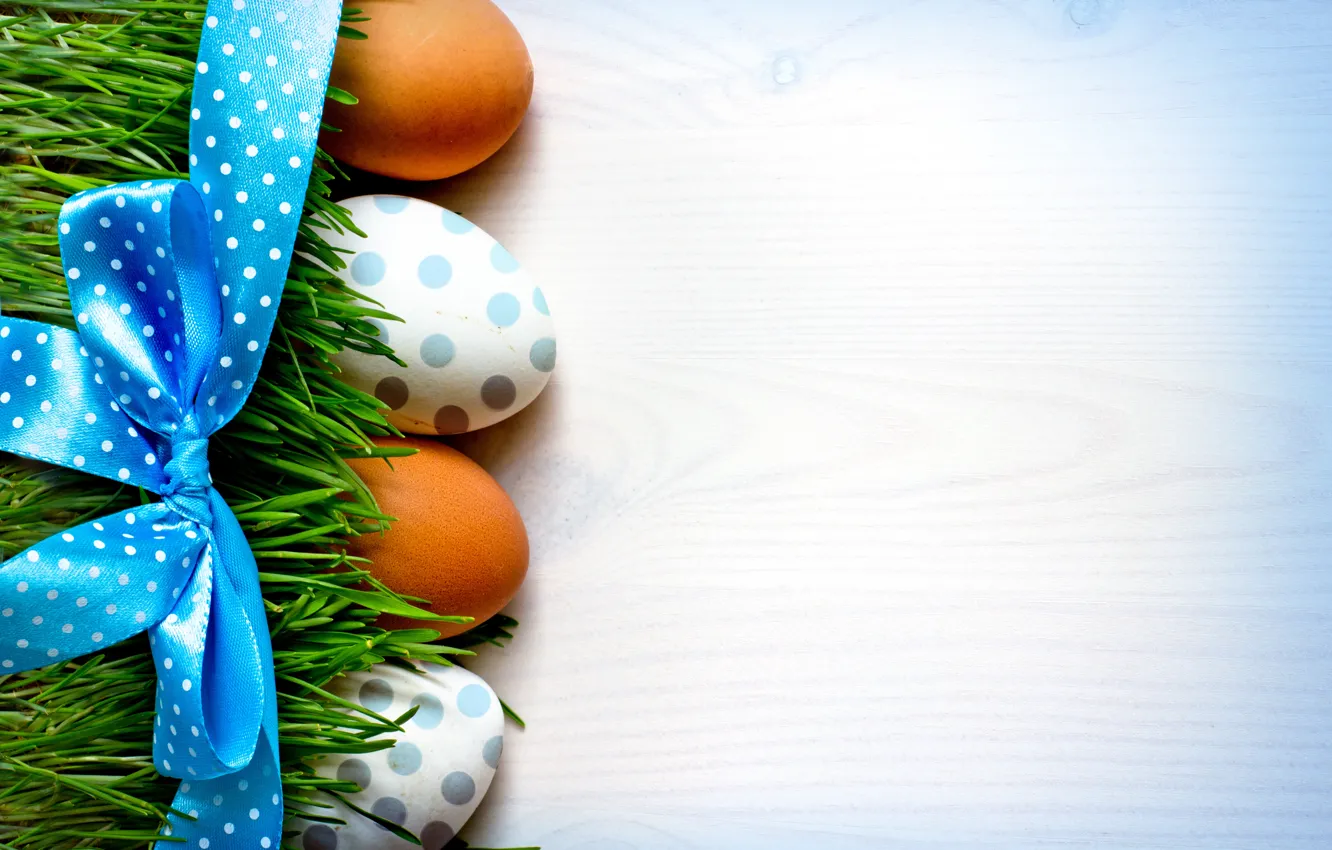 Фото обои трава, фон, праздник, яйца, Пасха, лента, бант, Easter